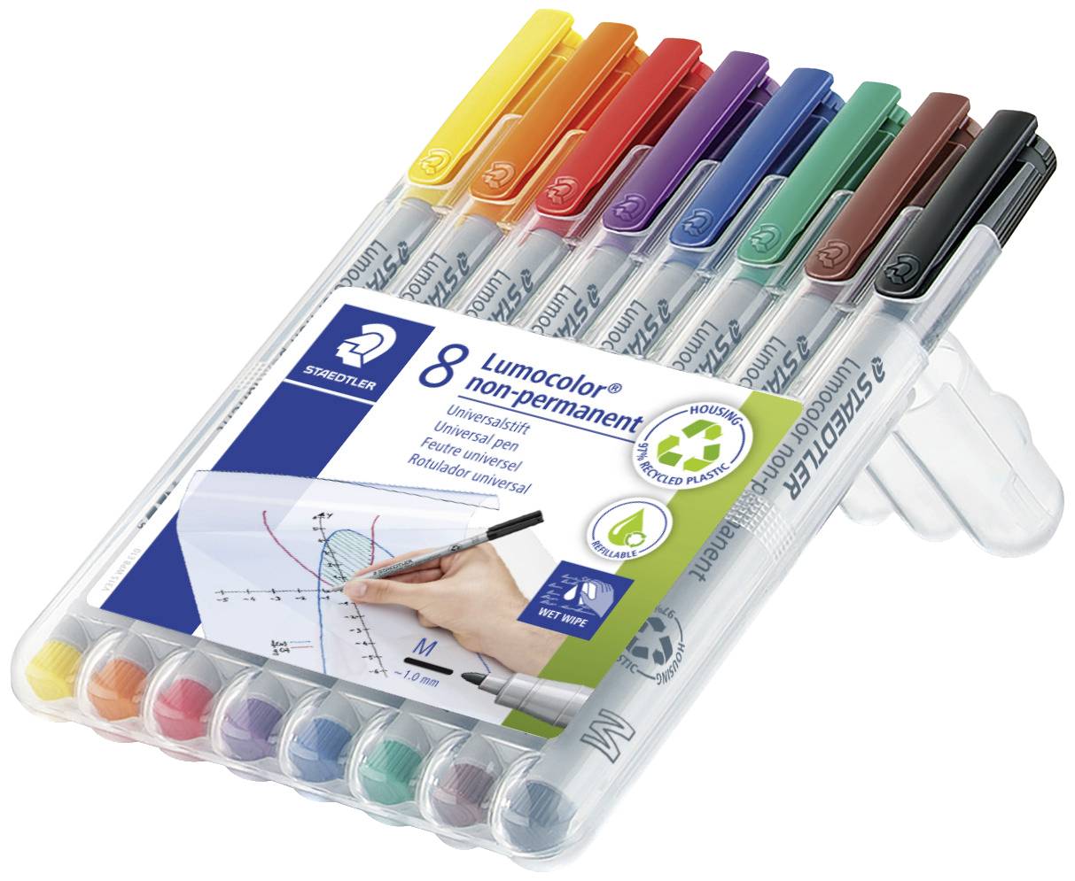 Acht farbige Staedtler Lumocolor non-permanent Marker in einer transparenten Verpackung, ideal für Whiteboards und glatte Flächen.