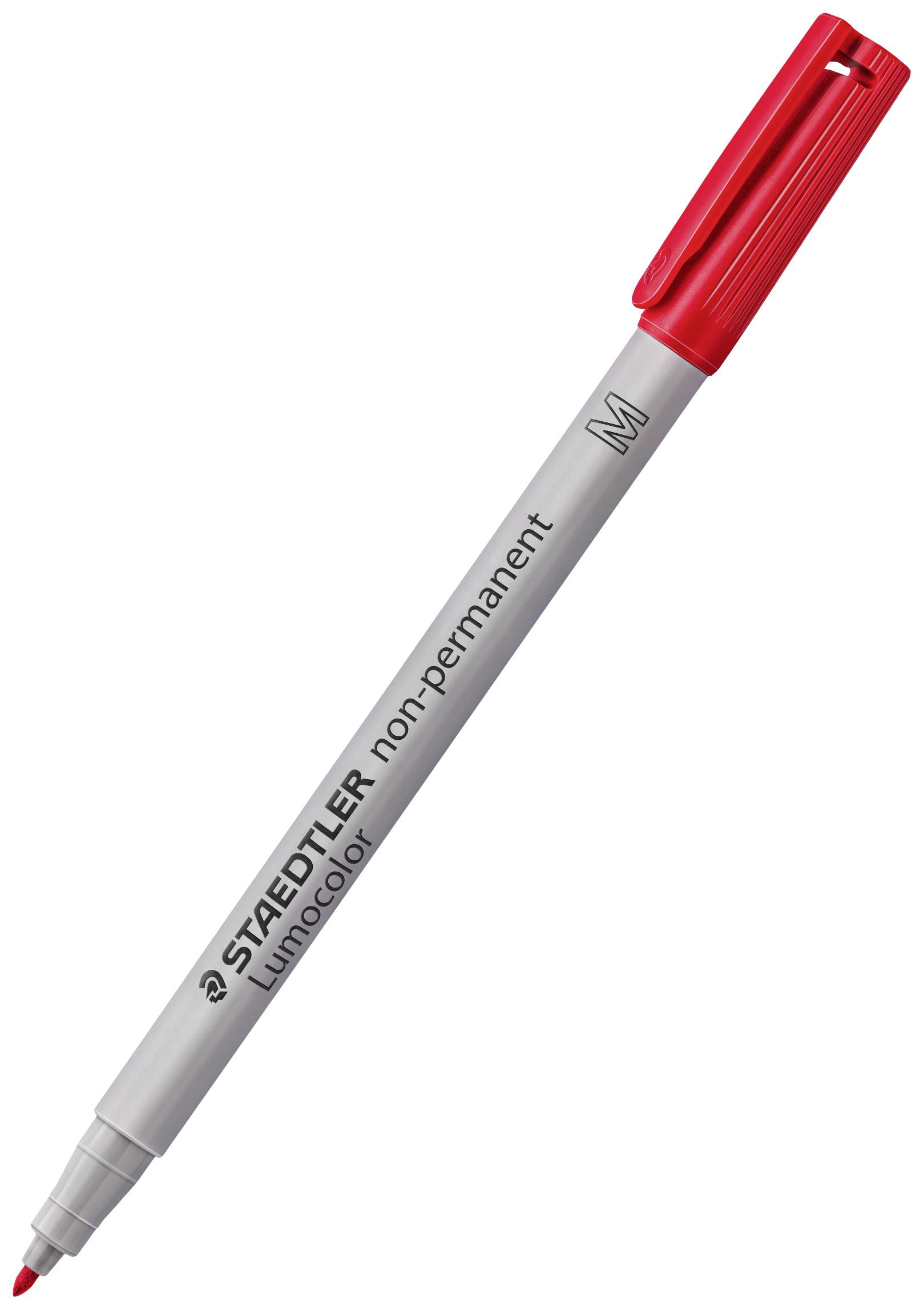Ein roter, nicht-permanenter Staedtler Lumocolor Marker, schräg positioniert, mit roter Kappe links.