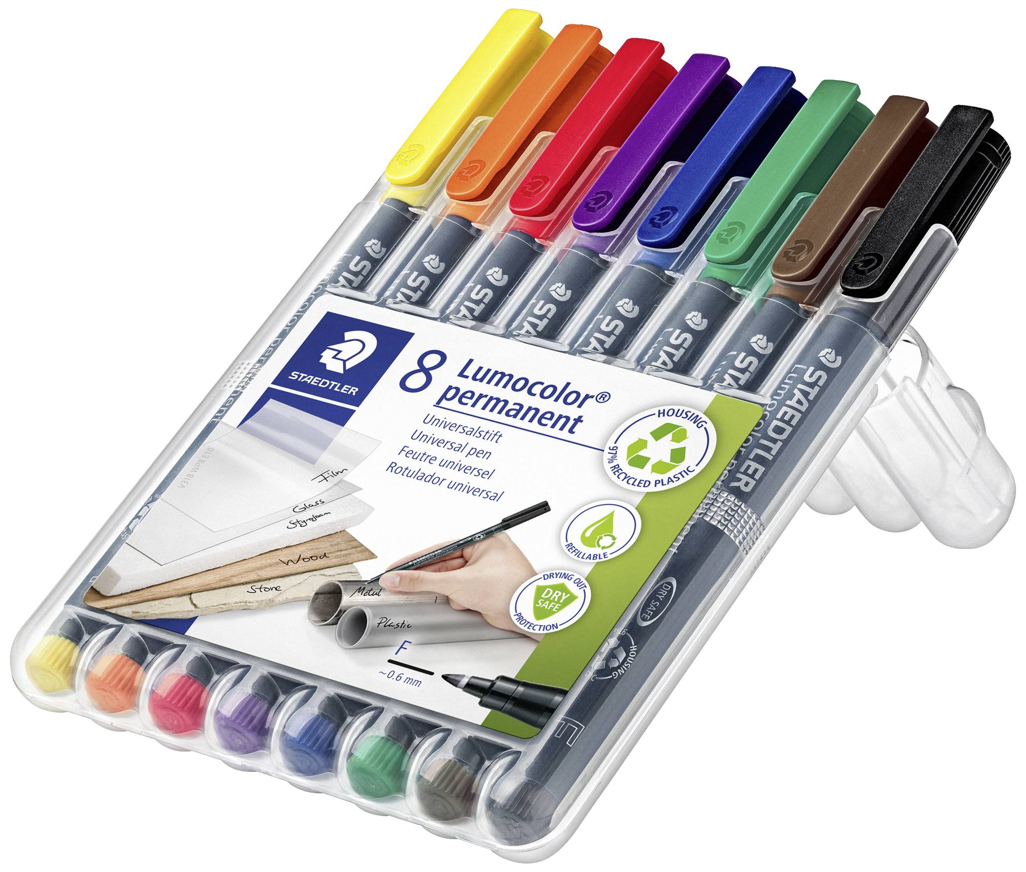 Acht bunte Permanent-Marker von Staedtler in einer Verpackung. Geeignet für verschiedene Oberflächen. Umweltfreundlich.