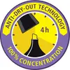 Abzeichen mit Text 'Anti-Dry-Out Technology 100% Concentration'. Bild einer Markerkappe mit Uhr im Hintergrund, zeigt 4 Stunden an.