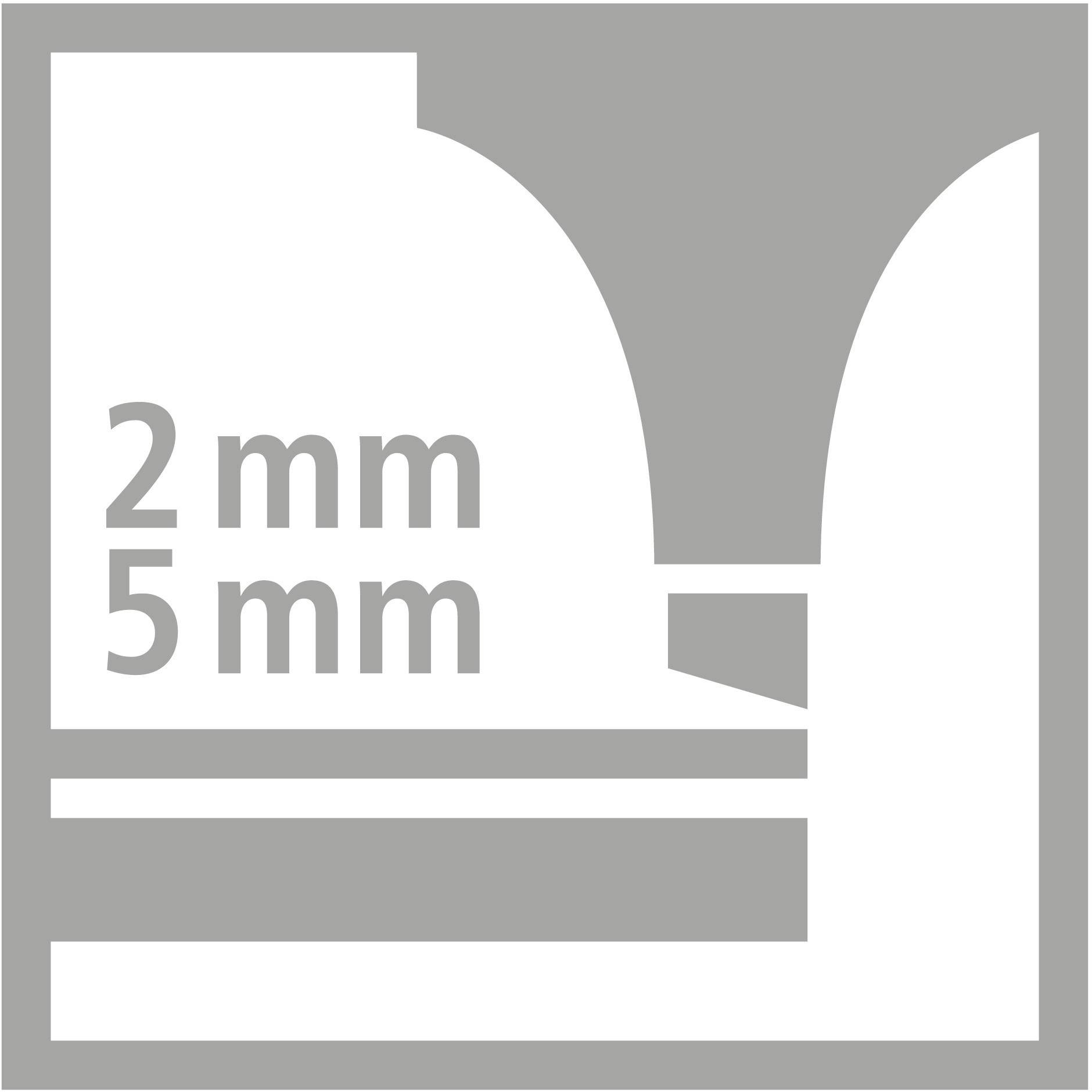 Symbol zeigt Linien mit Abstand von '2 mm' und '5 mm', die eine Materialhöhe repräsentieren.
