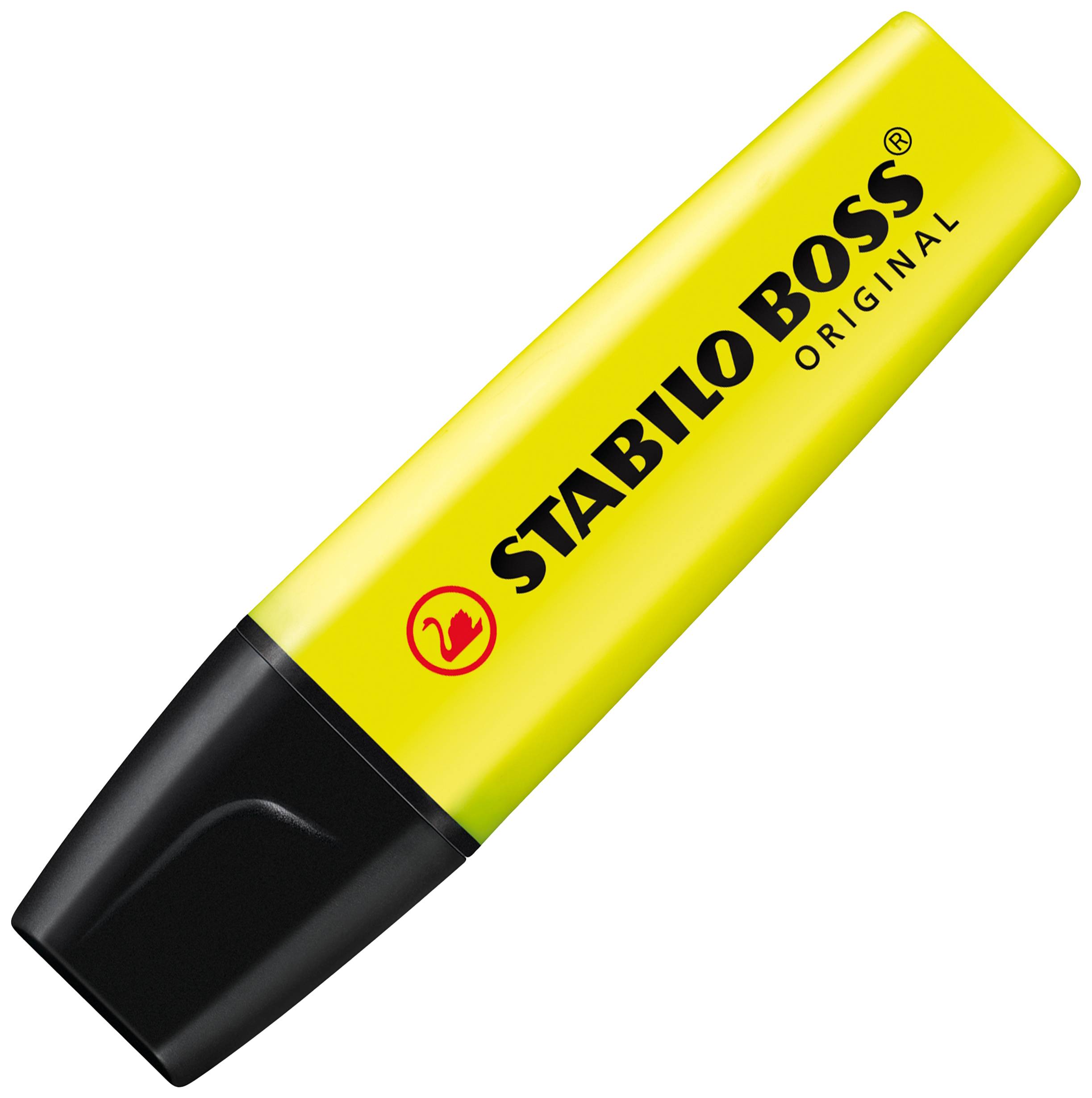 Gelber STABILO BOSS Original Textmarker mit schwarzer Kappe, liegt horizontal.
