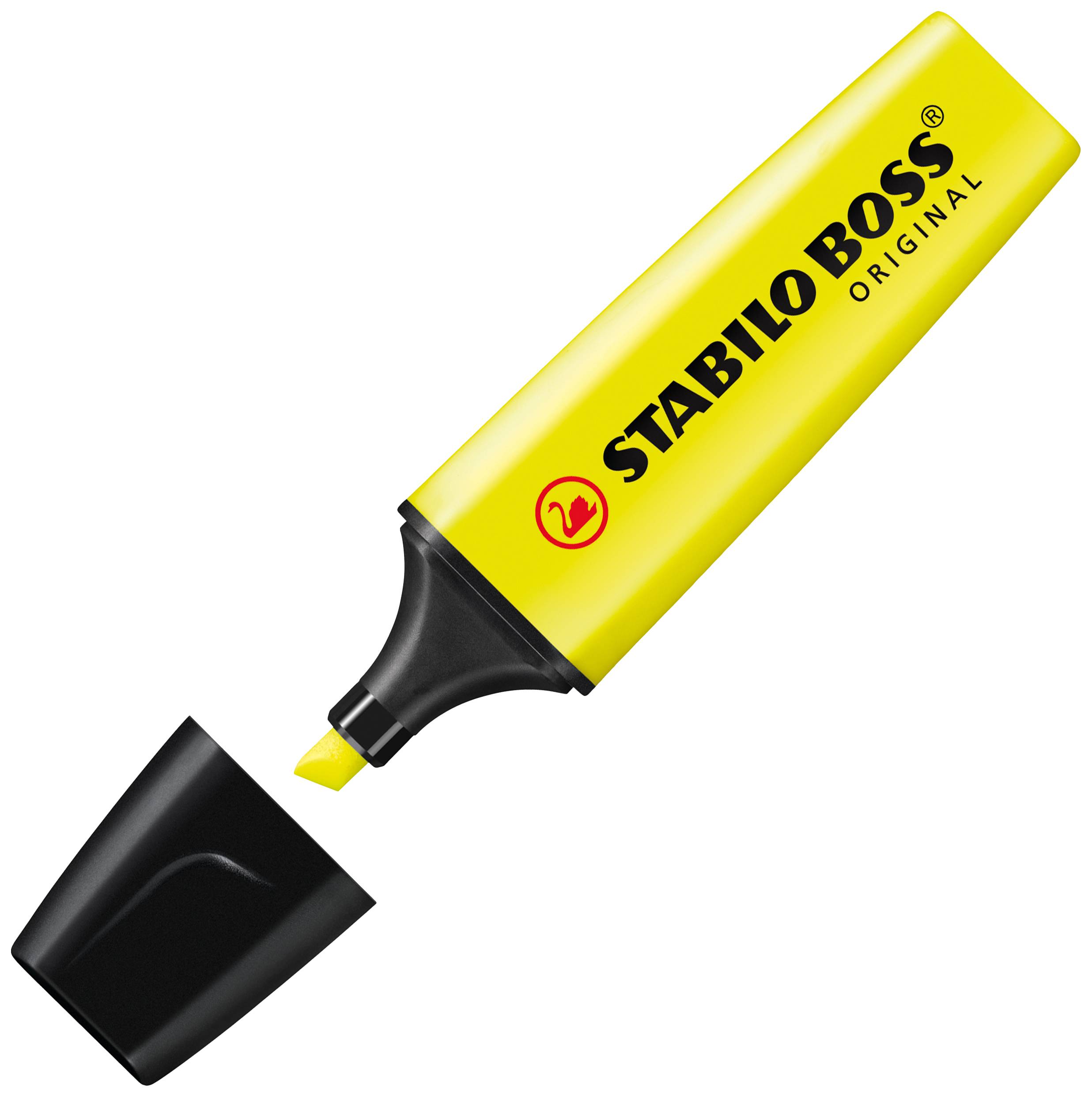 Gelber Textmarker der Marke 'STABILO BOSS ORIGINAL' mit abgenommenem Deckel, zeigt die gelbe Spitze.