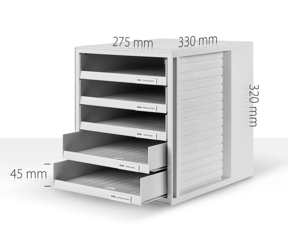 Ein weißer Schubladenschrank mit fünf beschrifteten Schubladen (namens 'NAM OMAGGIO', 'NAM SIRINGA', etc.), Abmessungen 320 mm hoch, 330 mm tief, 275 mm breit, jeweils 45 mm hoch.