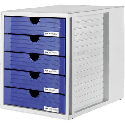 'Büro-Ablage mit fünf blauen Schubladen, beschriftet mit: Kataloge, Preislisten, Versand, Eingang, Lieferscheine.'