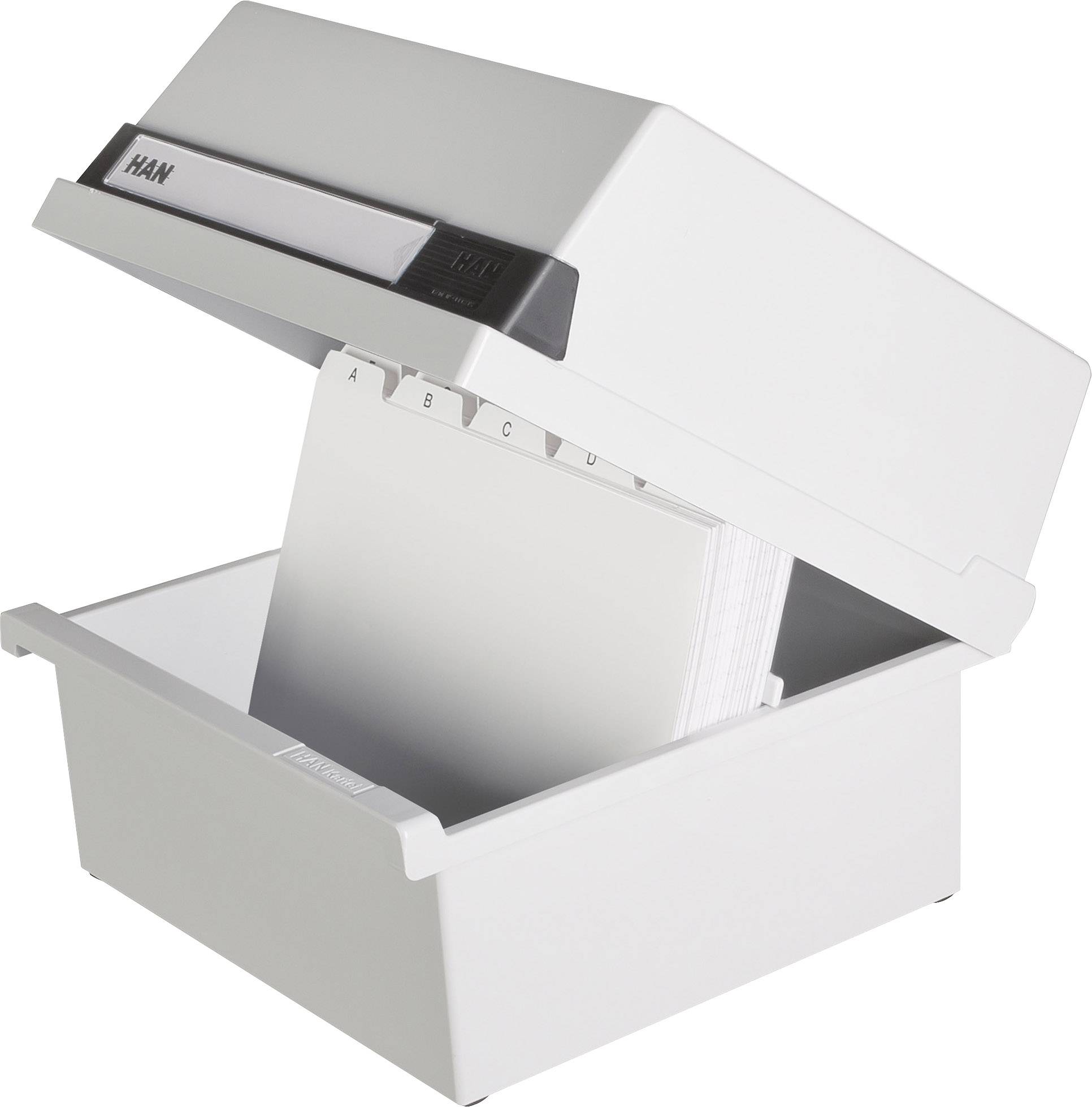 Karteikartenbox mit offenem Deckel. Sichtbar sind Registerkarten und zahlreiche weiße Karteikarten im Inneren.