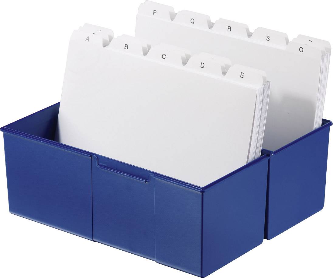 Blaue Karteibox mit alphabetischen Registerkarten von A bis O, die geordnetes Sortieren und schnellen Zugriff auf Informationen ermöglicht.