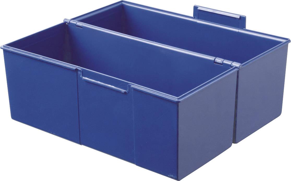 Ein großer, rechteckiger, blauer Lagerbehälter mit drei Fächern, geeignet für die Organisation oder Aufbewahrung von Gegenständen.