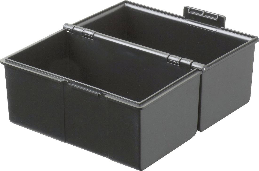 Schwarze Kunststoffbox mit zwei Fächern, geöffnet. Geeignet zur Aufbewahrung kleiner Gegenstände oder Werkzeuge.