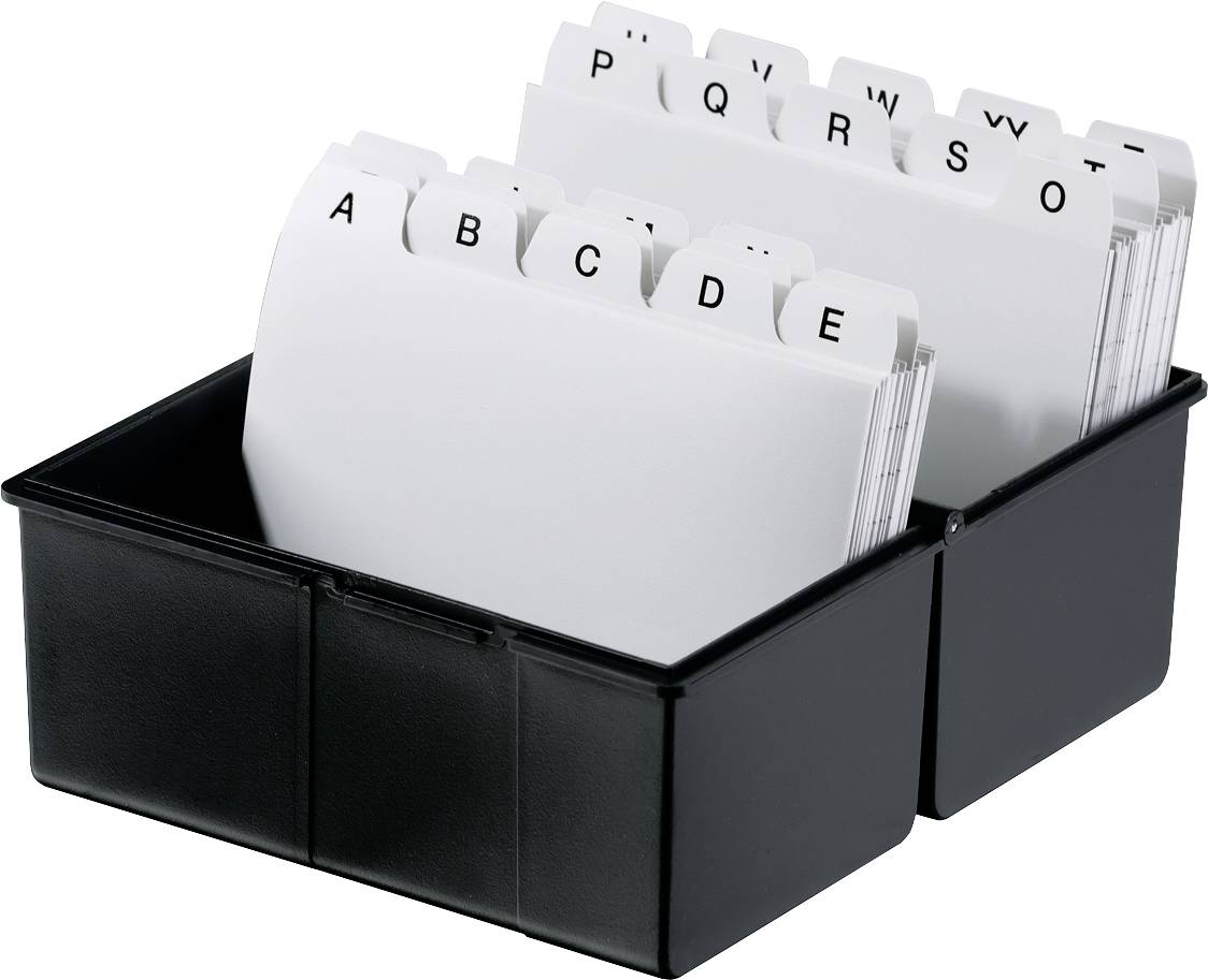 Eine schwarze Karteikartenbox mit alphabetisch sortierten Registern von A bis Z, um Dokumente oder Kontakte zu organisieren.