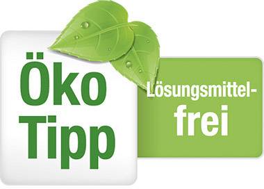 'Öko Tipp. Lösungsmittelfrei.' Zwei grüne Blätter über dem Text auf einem weißen Hintergrund.
