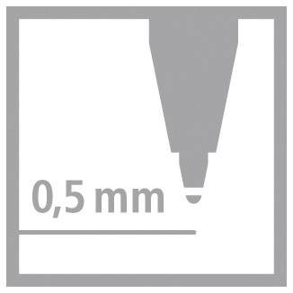 'Stiftspitze über einer dünnen Linie mit der Aufschrift 0,5 mm in einem quadratischen Rahmen. Darstellung einer Strichstärke.'