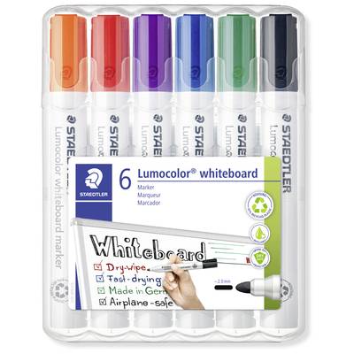 Sechs weiße Tafelschreiber in verschiedenen Farben mit Verpackungsaufschrift 'Lumocolor whiteboard marker', ideal für Whiteboards.