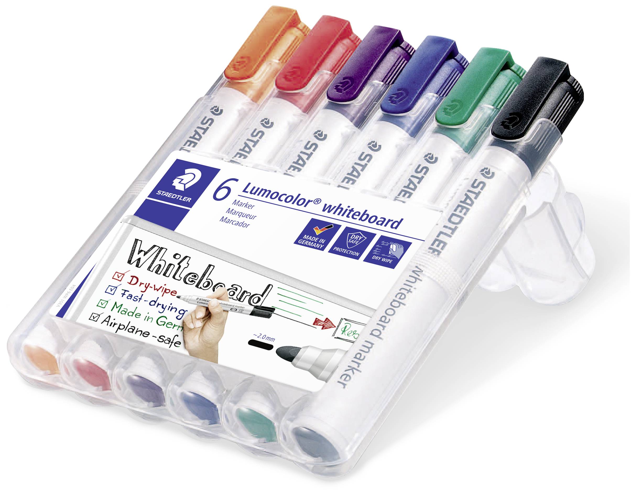 Sechs farbige Whiteboard-Marker in einer transparenten Verpackung, geeignet zum schnellen Trocknen. Enthalten: Rot, Orange, Lila, Blau, Grün, Schwarz.