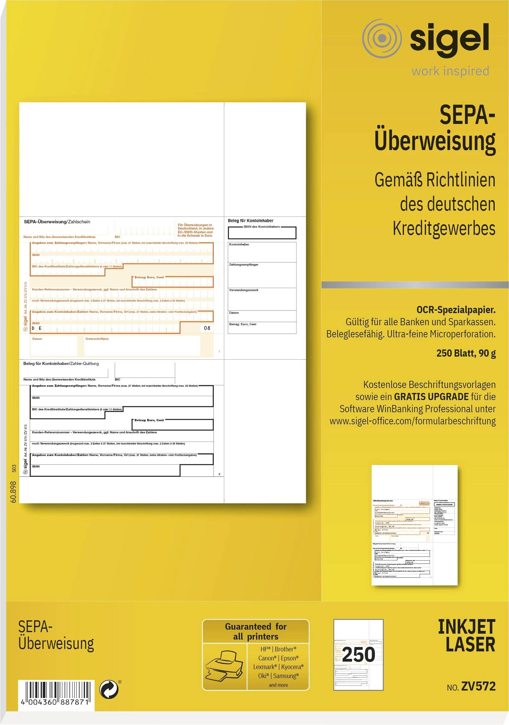 Sigel Überweisung Formular ZV572 DIN A4 Anzahl der Blätter: 250 ZV572