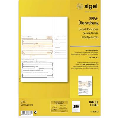 Gelbes Papierprodukt für Verpackung von 'SEPA-Überweisung' mit Musterformular. Geeignet für Tintenstrahl- und Laserdrucker.