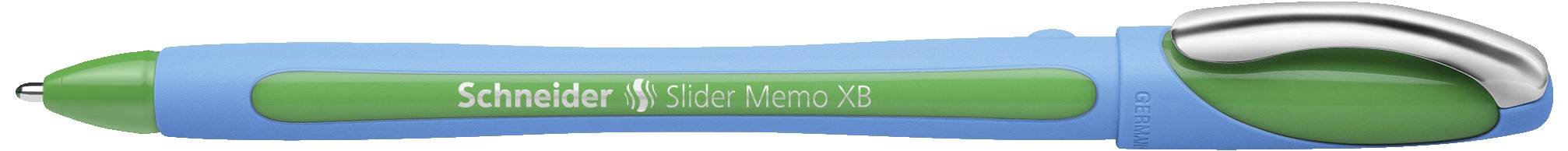 Ein blauer und grüner Kugelschreiber der Marke Schneider mit aufgedrucktem Namen 'Slider Memo XB'.