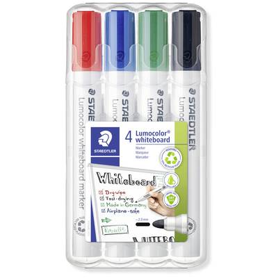 Vier Whiteboard-Marker in den Farben Rot, Blau, Grün und Schwarz. Verpackung zeigt: 'Lumocolor', 'schnell trocknend', 'flugzeugsicher'.