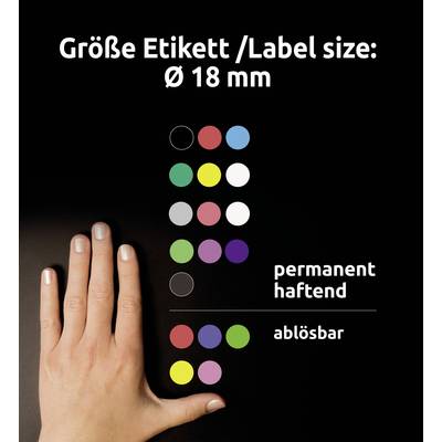 'Größe Etikett/Label size: Ø 18 mm'. Farbige Klebepunkte, teils permanent haftend, teils ablösbar. Hand zum Größenvergleich.