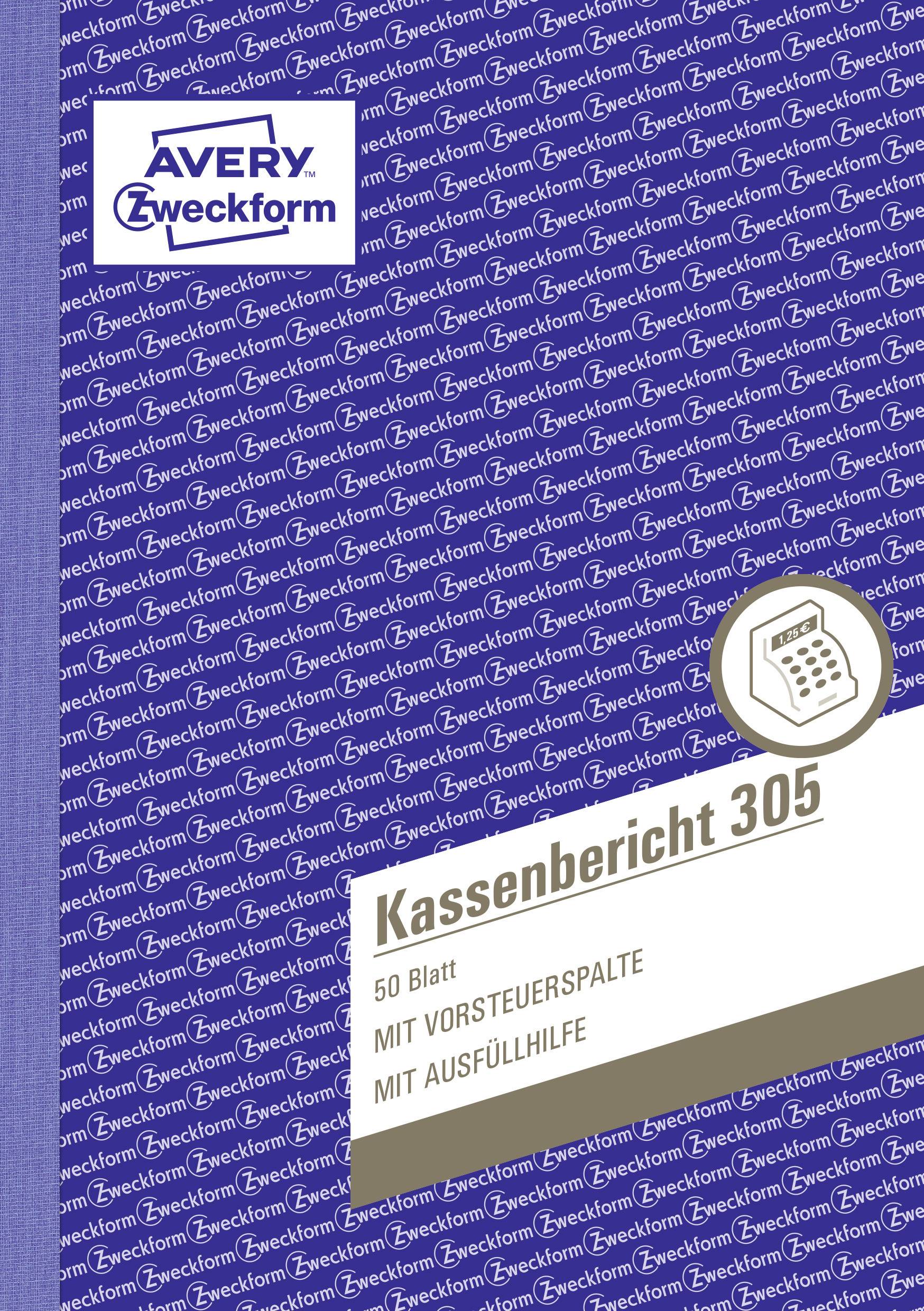 'Kassenbericht 305' Deckblatt mit Text '50 Blatt, mit Vorsteuerspalte, mit Ausfüllhilfe'. Im Hintergrund Logo 'Avery Zweckform'.