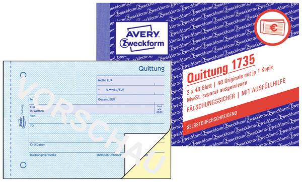 Avery-Zweckform 1735 Quittung Formular DIN A6 quer Anzahl der Blätter: 40 Weiß  80 Blatt