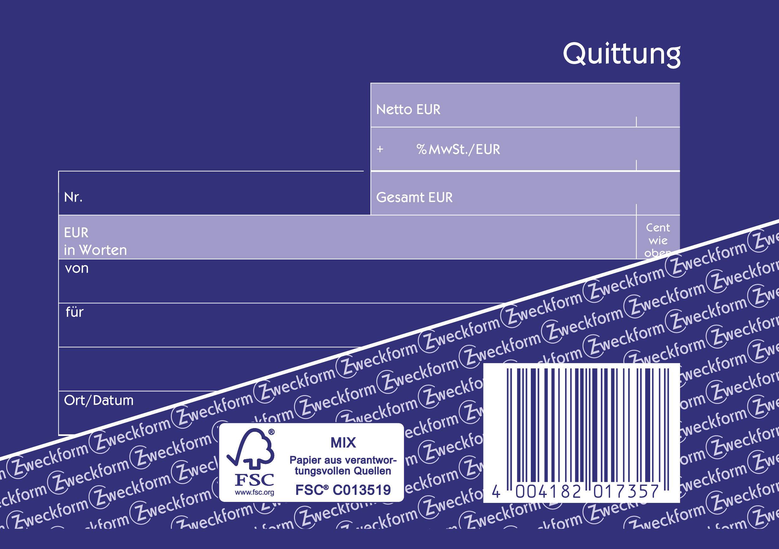'Quittung' mit Feldern für Netto, MwSt., Gesamtbetrag, Nummer, Betrag in Worten, von, für sowie Ort/Datum. Zweckform-Logo unten rechts.