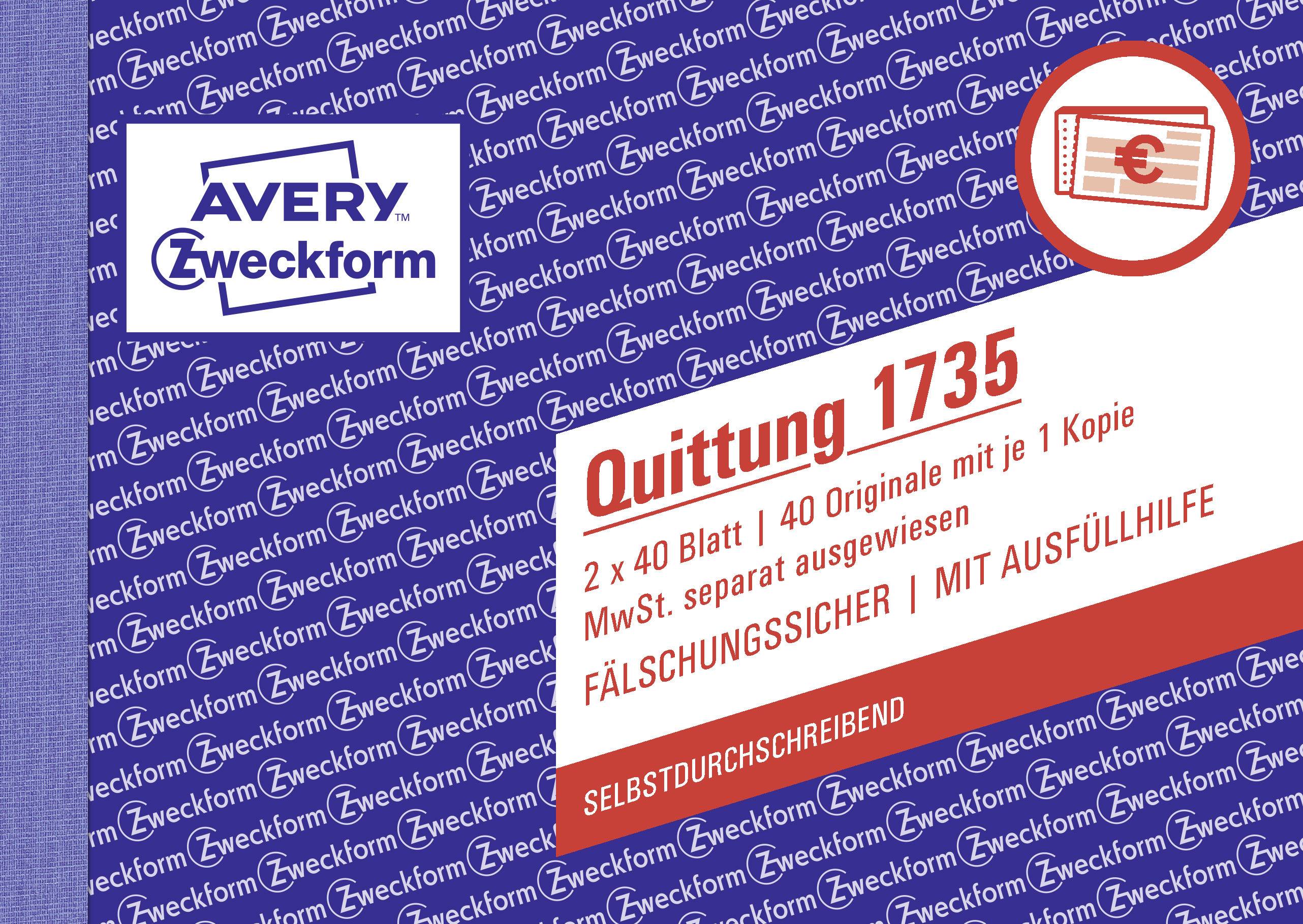 'Quittung 1735' von Avery Zweckform: 2 x 40 Blatt, MwSt. separat ausgewiesen, fälschungssicher, selbstschreibend, mit Ausfüllhilfe.