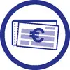 Ein blaues Symbol mit einem Eurozeichen auf einem Geldschein, umgeben von einem Kreis. Darstellung von Geld oder Währung.