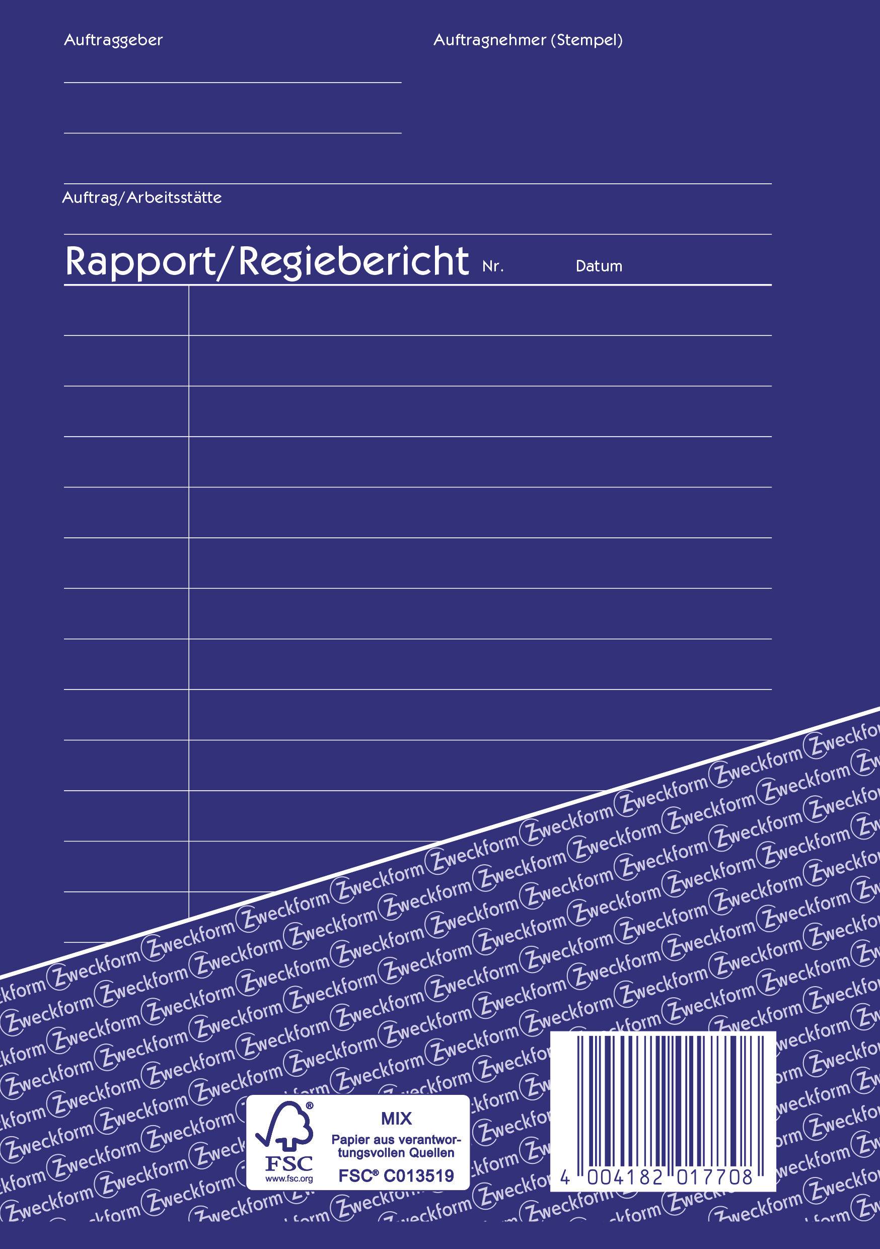Lila Formular mit Linien und Textfeldern für 'Rapport/Regiebericht' mit Feldern für Auftraggeber, Auftragsnehmer, Auftrag/Arbeitsstätte, Nummer, Datum.
