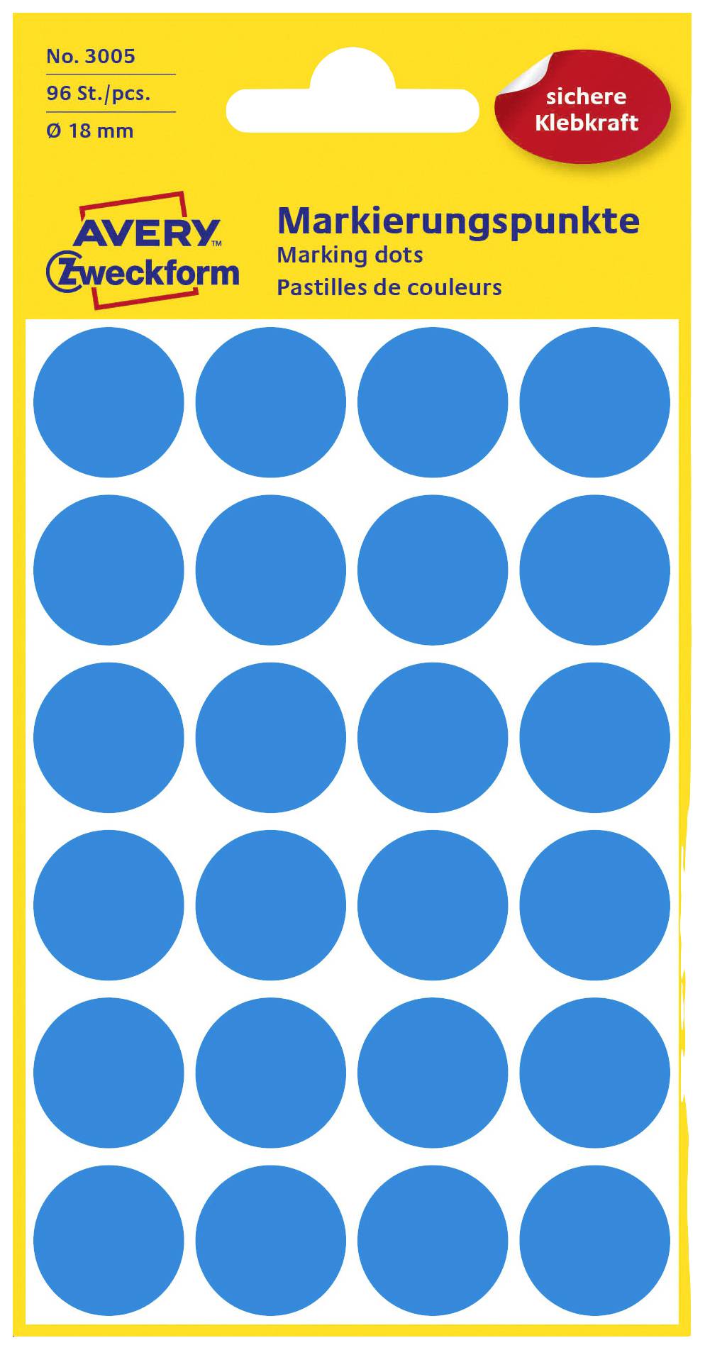Gelbes Etikett mit blauen Markierungspunkten, 96 Stück pro Packung, Durchmesser 18 mm, Marke Avery Zweckform, starke Klebkraft.