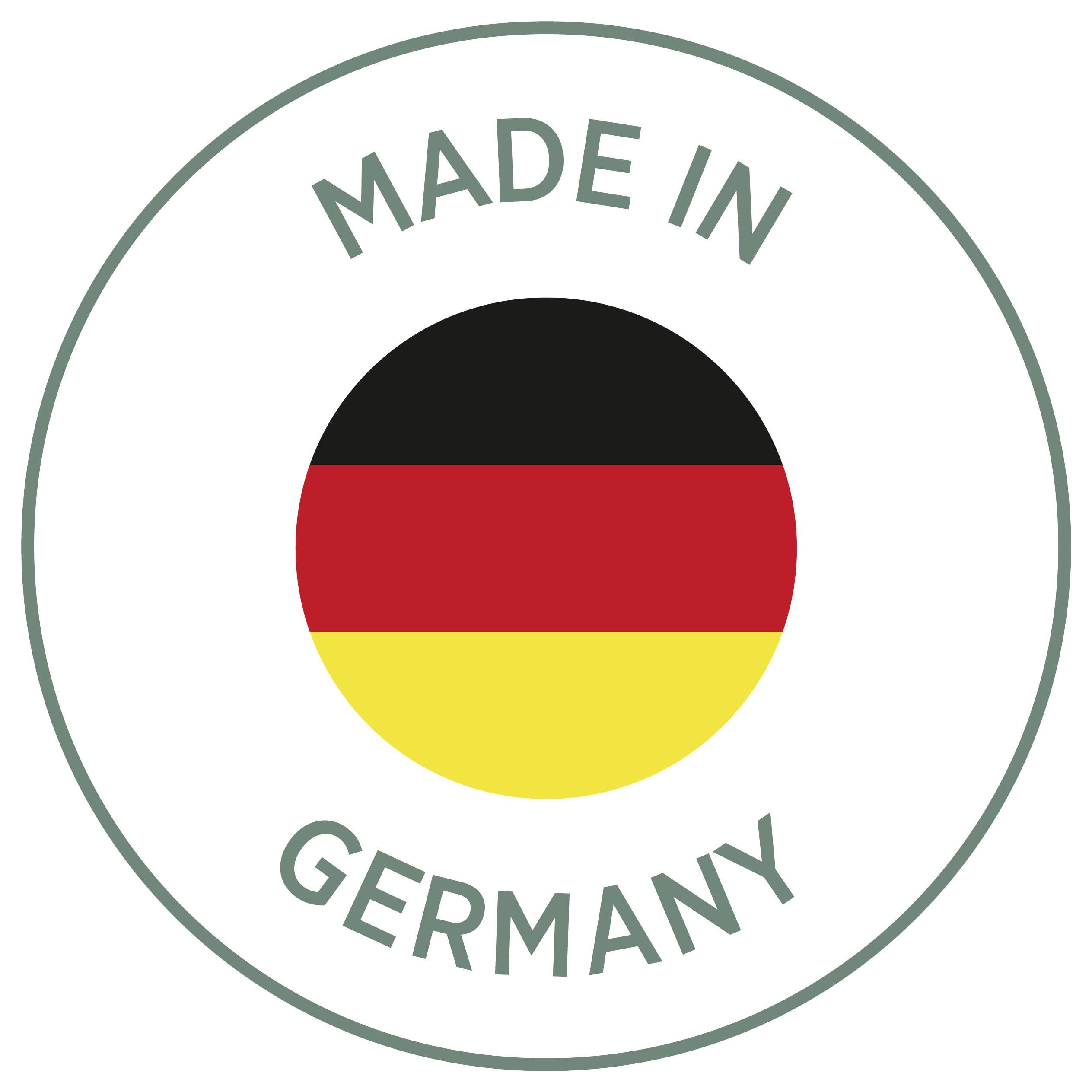 Rundes Siegel mit Deutschlandflagge und Text 'MADE IN GERMANY', kennzeichnet ein in Deutschland hergestelltes Produkt.