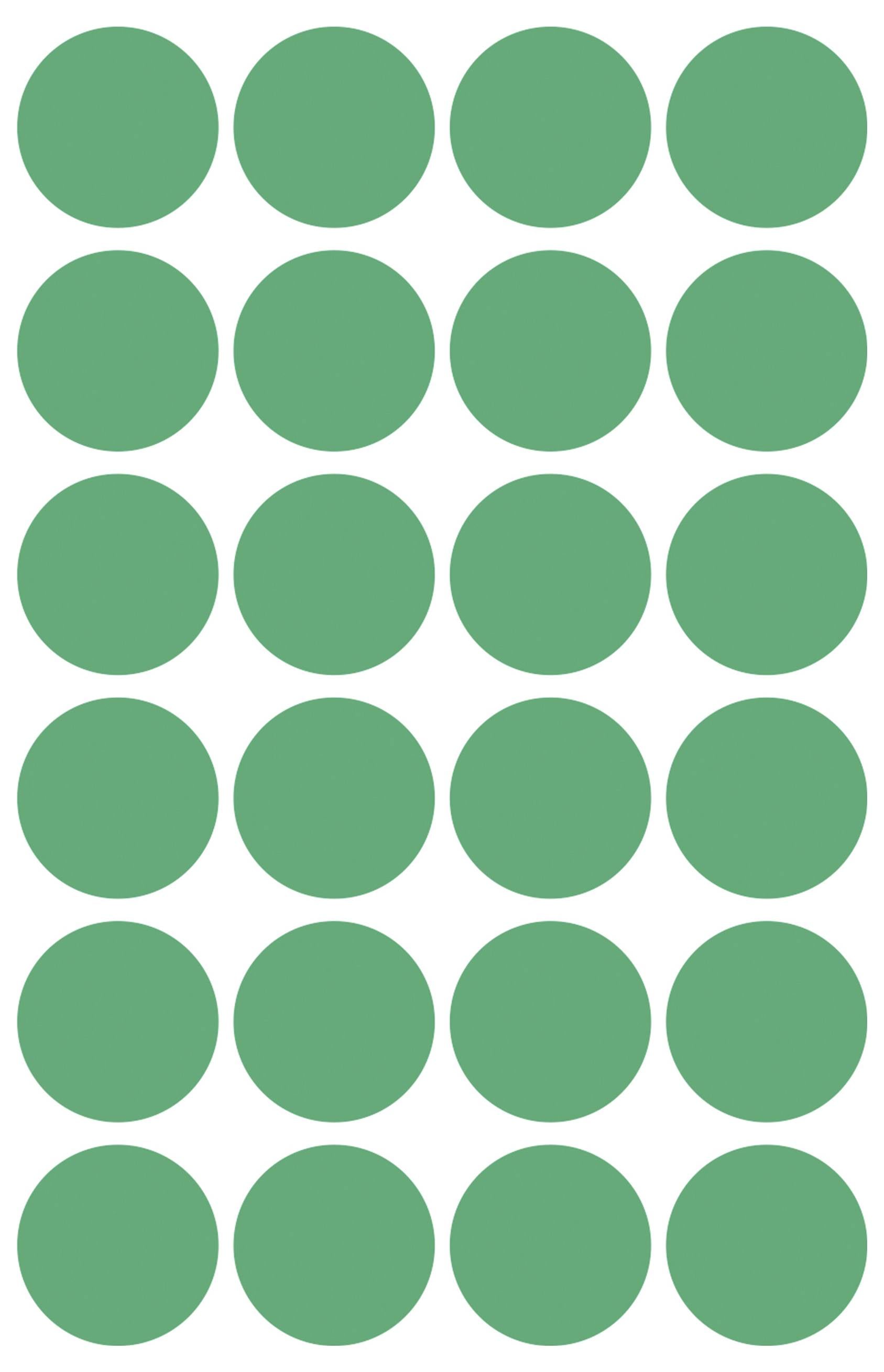 Ein 4 Spalten mal 6 Reihen Gitter mit gleichmäßig verteilten grünen Kreisen auf weißem Hintergrund.