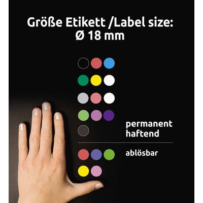 Eine Hand neben farbigen Etiketten zeigt die Größe von 18 mm. Oben Text 'Größe Etikett/Label size: Ø 18 mm'. Permanent haftend und ablösbar.