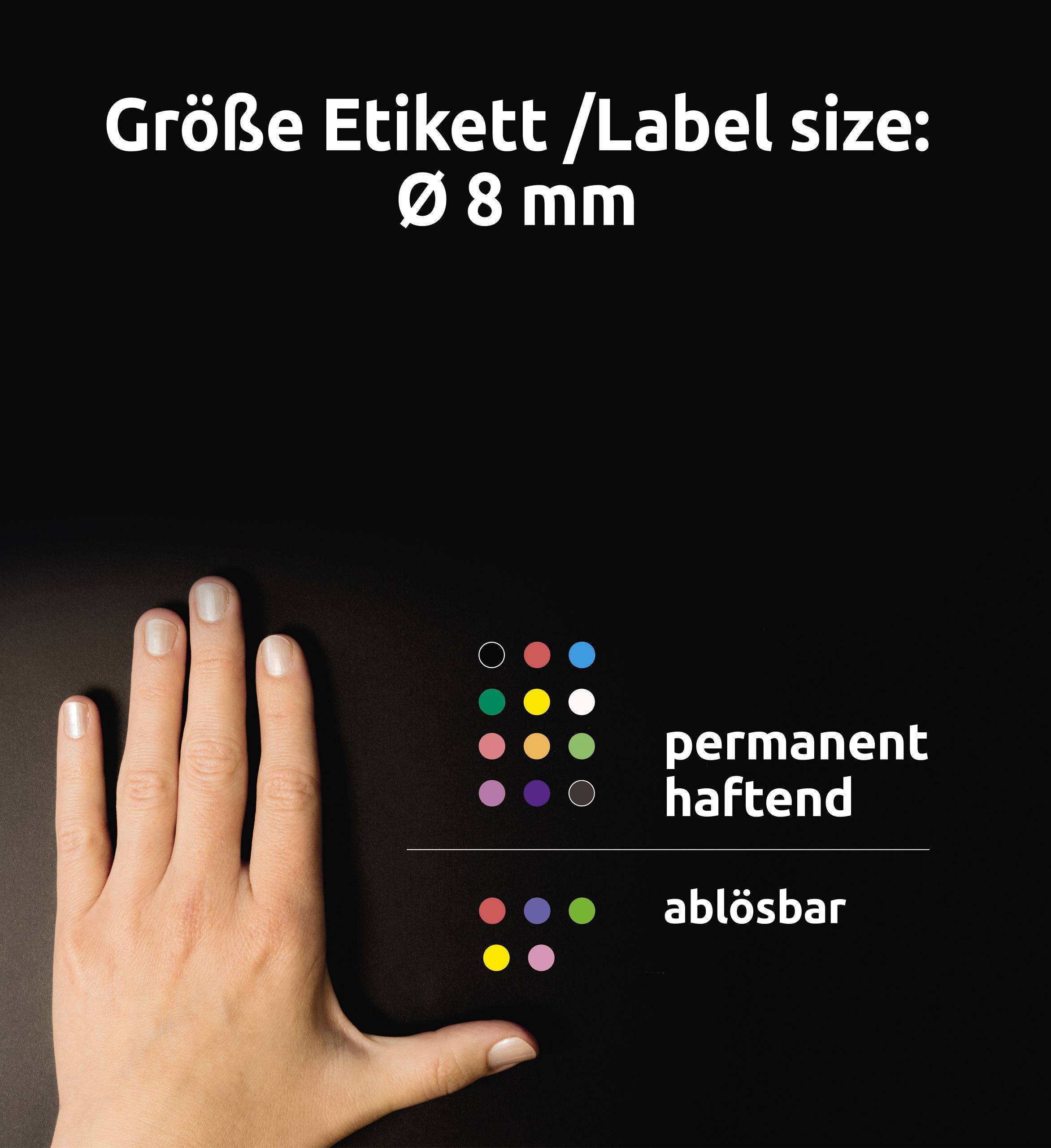 Eine Hand berührt eine Oberfläche. Daneben sind farbige Punkte, die 'permanent haftend' und 'ablösbar' beschreiben. Labelgröße: 8 mm.