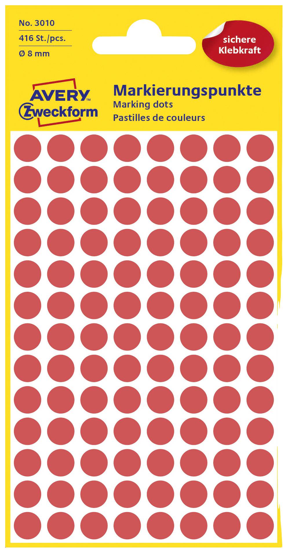 Gelber Packung Avery Zweckform Markierungspunkte, 8 mm Durchmesser, rot, 416 Stück. Oben rechts 'sichere Klebkraft'.