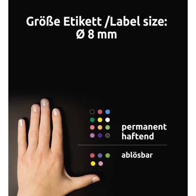 Hand neben bunter Etikett-Legende auf schwarzem Hintergrund. Text oben: 'Größe Etikett/Label size: Ø 8 mm'. Optionen: permanent haftend, ablösbar.