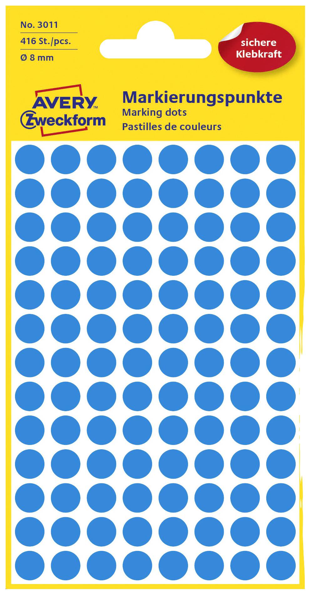 'Verpackung mit blauen Markierungspunkten, 8 mm Durchmesser, Artikel No. 3011, 416 Stück enthalten. Avery Zweckform, sichere Klebkraft.'