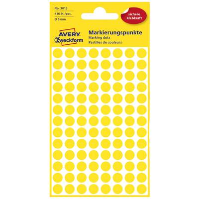 Eine Packung gelber Markierungspunkte der Marke Avery Zweckform. Enthält 416 Stück mit einem Durchmesser von 8 mm.
