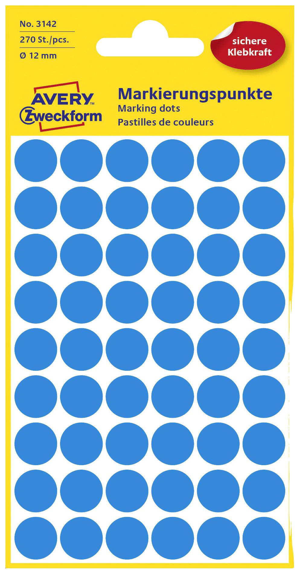 Gelbe Verpackung mit blauen Markierungspunkten, 270 Stück à 12 mm, von Avery Zweckform. Oben rechts in rotem Kreis 'sichere Klebkraft'.