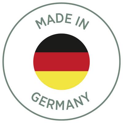 Rundes Siegel 'MADE IN GERMANY' mit deutscher Flagge in der Mitte.