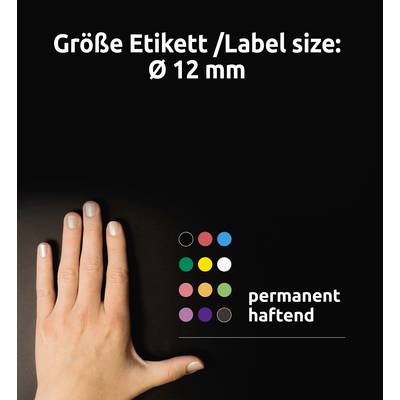 Hand zeigt auf verschiedene Farboptionen für Etiketten mit 12 mm Durchmesser. Etiketten sind permanent haftend.