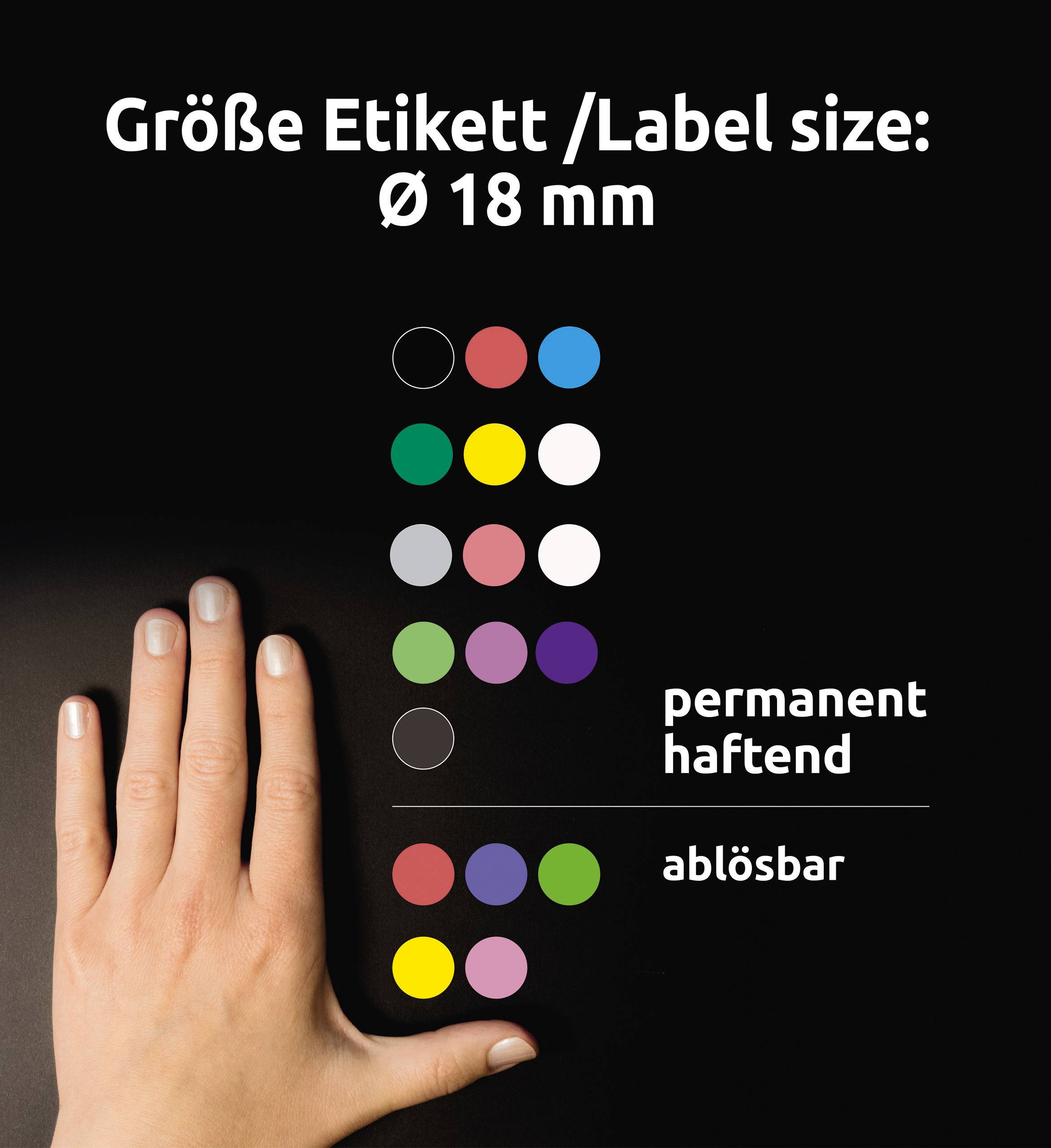 'Größe Etikett/Label size: Ø 18 mm' in weißer Schrift. Links daneben farbige Punkte: rot, rosa, weiß, gelb, grün, blau, flieder. Hand links unten. Oben rechts: 'permanent haftend', unten: 'ablösbar'.