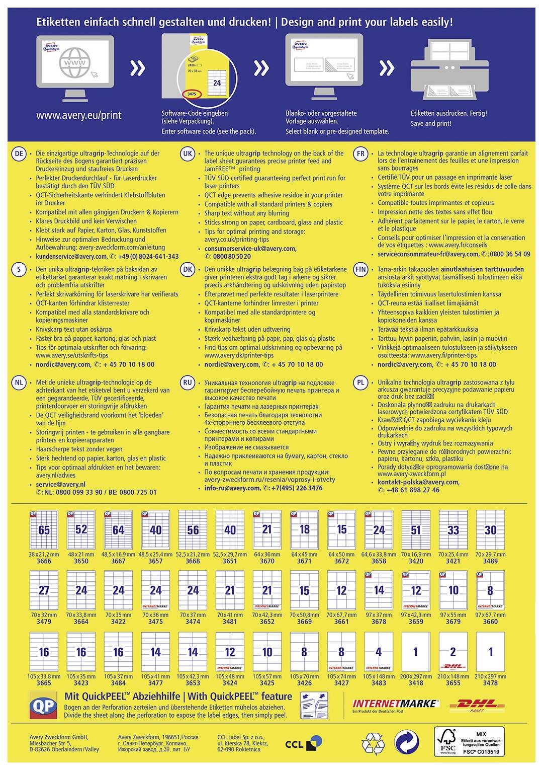 Beschreibung eines Etikettenprodukts von Avery mit Anleitungen und Nutzungstipps, Druckeinstellungen und einer Tabelle zu den verfügbaren Etikettenformaten.