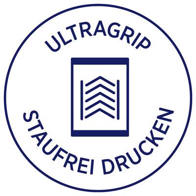 Rundes blaues Siegel mit 'ULTRAGRIP' und 'STAUFREI DRUCKEN' um ein Drucker-/Papier-Symbol.