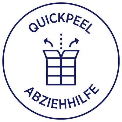 Rundes Logo mit der Aufschrift 'QUICKPEEL ABZIEHHILFE' und einem Symbol für eine leicht ablösbare Verpackung.