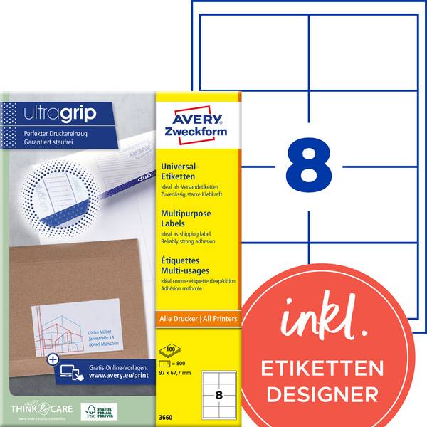 Avery-Zweckform 3660 Universal-Etiketten 97 x 67.7 mm Papier Weiß 800 St. Permanent haftend Tintenstrahldrucker, Laserdrucker, Farblaserdrucker, Kopierer, Farbkopierer, Handbeschriftung