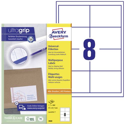 Avery-Zweckform 3660 Universal-Etiketten 97 x 67.7 mm Papier Weiß 800 St. Permanent haftend Tintenstrahldrucker, Laserdr...