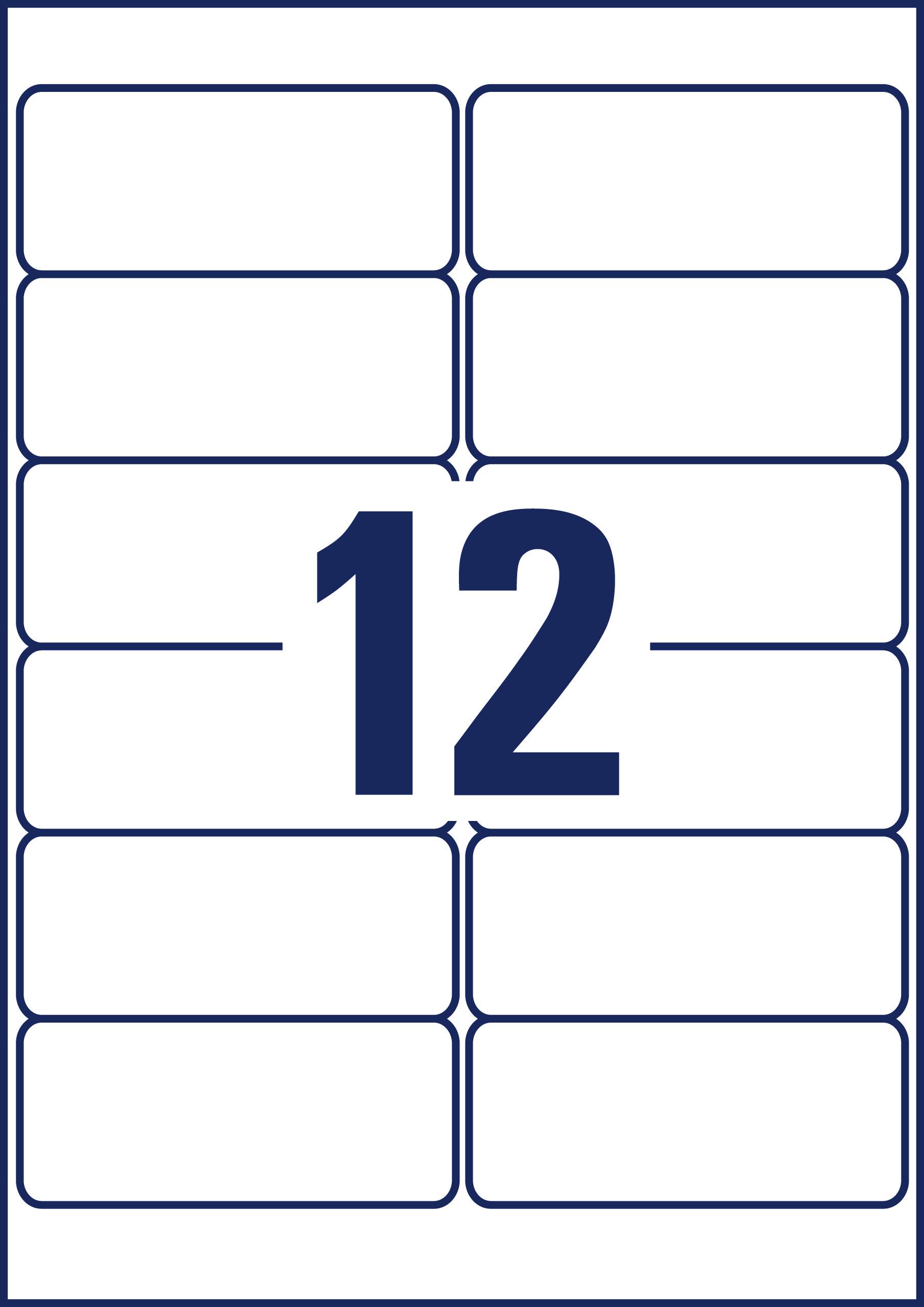 '12' in der Mitte eines rechteckigen Etiketts, umgeben von zwölf leeren Feldern, gleichmäßig verteilt auf vier Reihen.