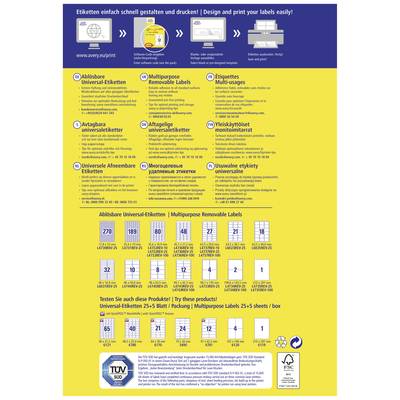 'Etikettendesign einfach gestalten und drucken' Überschrift mit Produktoptionen für bedruckbare Etiketten, inkl. Mehrzweck- und wiederverwendbare Labelarten. Enthält Anleitungsbilder und Symbole.