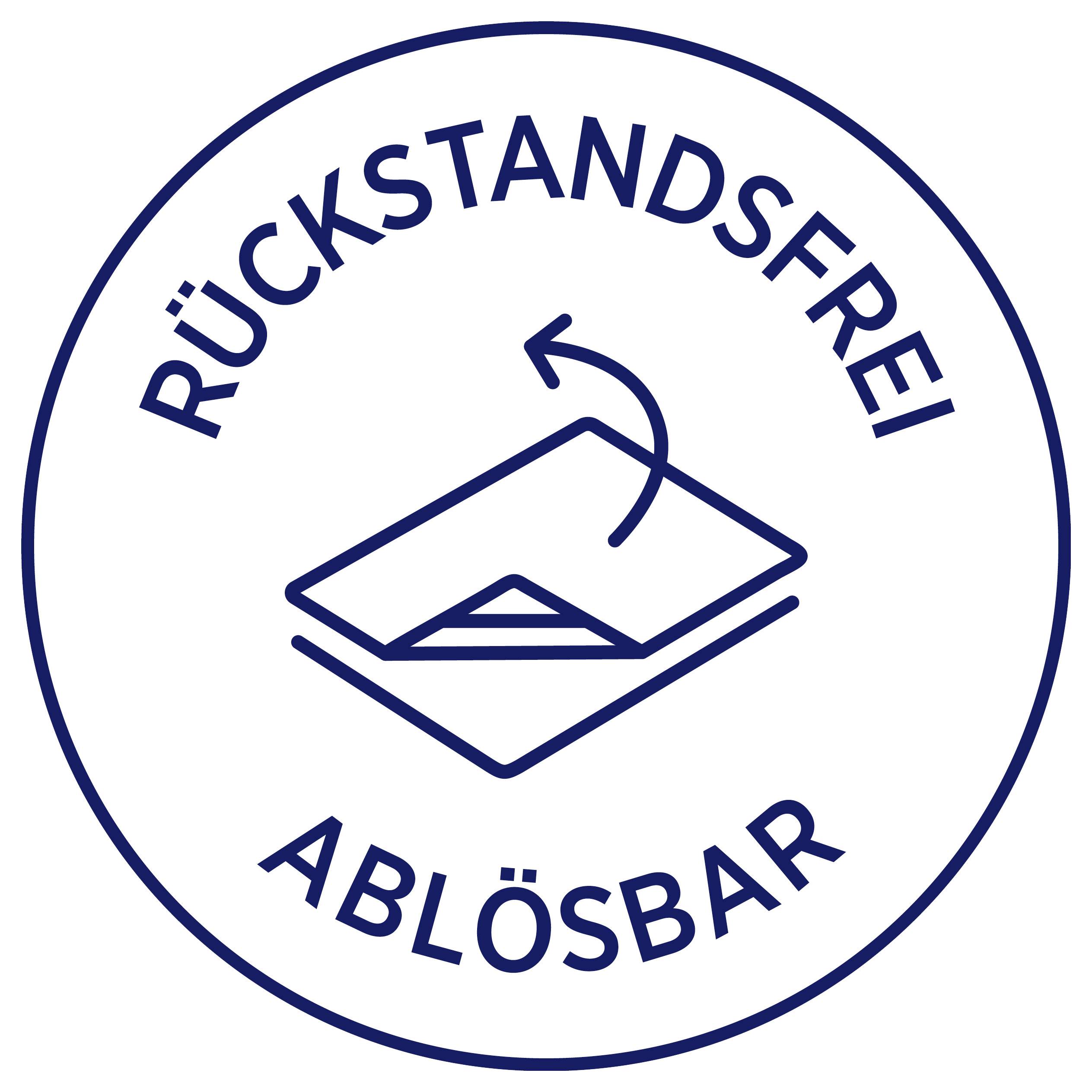 Rundes Siegel mit der Aufschrift 'RÜCKSTANDSFREI' und 'ABLÖSBAR', Symbol für rückstandslos ablösbare Haftung.